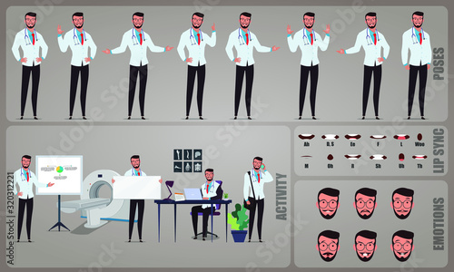 Flat Doctor character Set. Collection of character body Poses, facial gestures, medical activities and Lip syncs poses. Ready-to-use and animate, character set. Vector illustration.
