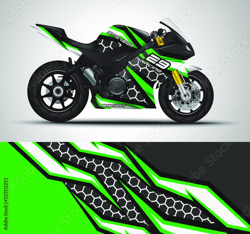 Racing motorcycle wrap decal and vinyl sticker design. Concept graphic abstract background for wrapping vehicles, motorsports, Sportbikes, motocross, supermoto and livery. Vector illustration.
