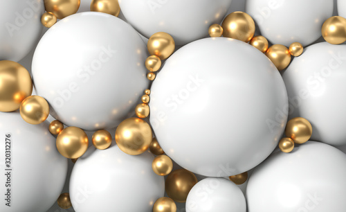Abstract background of modern ball or spheres in gold color, 3d rendering.