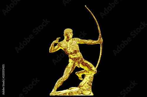 golden statue of an antique bowman or an archer on a black background. Shining ancient warrior with bow profile view. © Konstantin