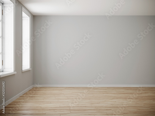 Empty room for mockup. Empty room with light wall and wooden floor.3d rendering. © Liliia