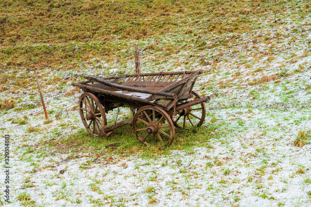 alter Leiterwagen, Holzwagen auf einer Alm im Winter auf von Reif bedeckter Wiese am Waldrand