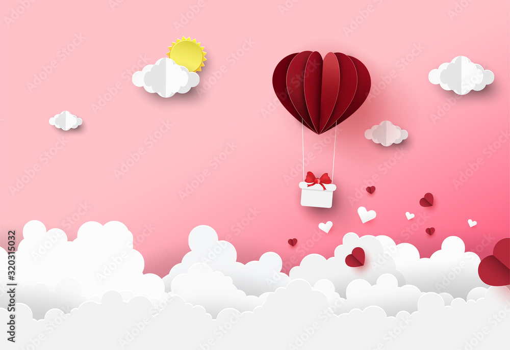 Valentine's Day greeting card design sale banner,poster background with Origami balloon float on cloud.