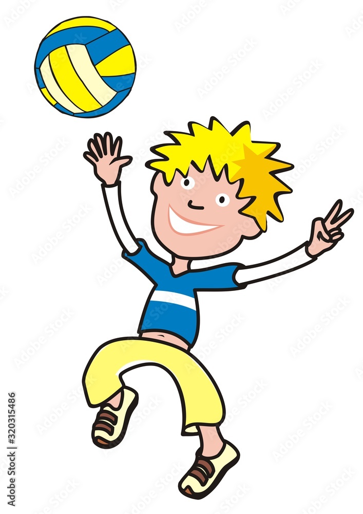 Volleyball player, color vector illustration on white bakground. One person  with ball. Jumping boy showing victory. Stock Vector | Adobe Stock
