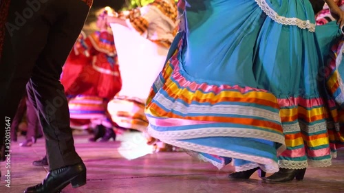 Slow motion of feet and dresses as Mexican folk dancers perform on stage in Merida, Mexico.