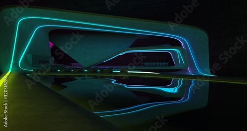 Abstract architectural concrete interior of a minimalist house with colored neon lighting. 3D illustration and rendering.