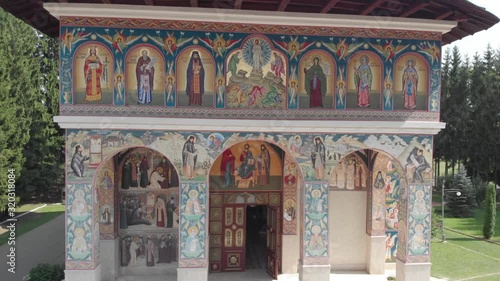 Monastery of St John Jacob Chozebite, Neamt, Romania. Christian Orthodox Church. Aerial Filming. Lifting photo