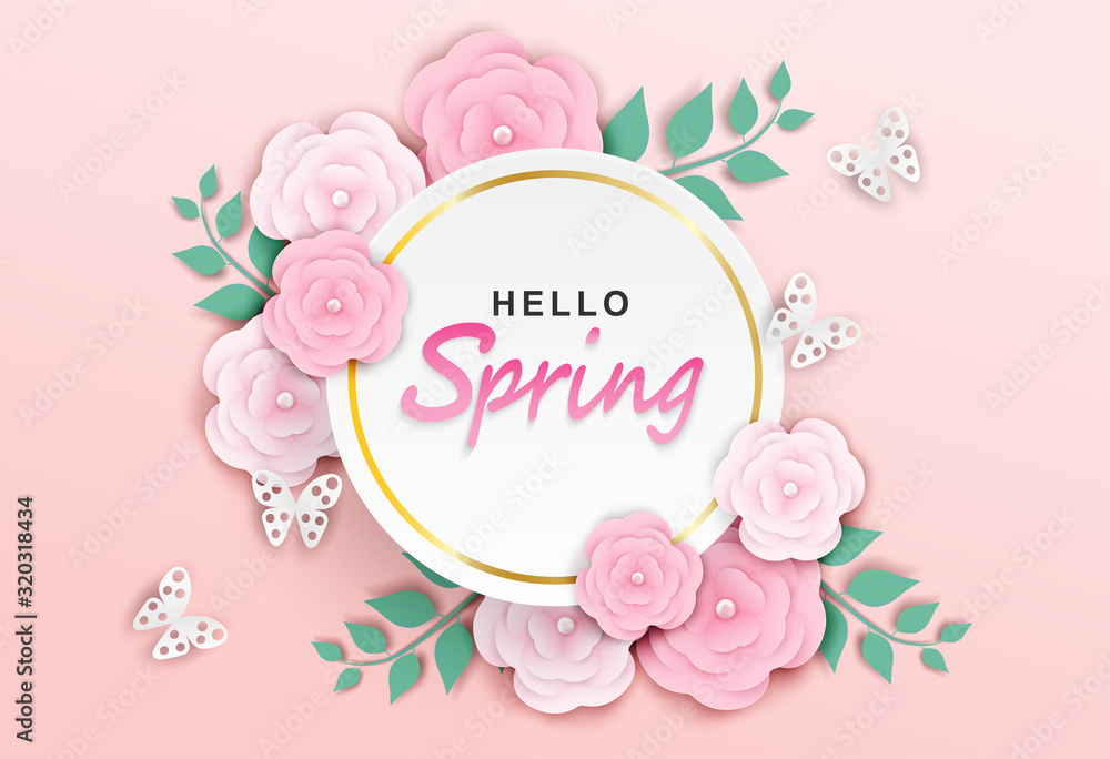 Hello spring sale background. flowers and tree leaves on soft background . paper art . light and shadow . Vector.