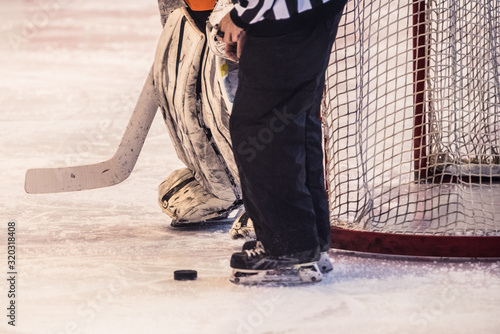 Ice hockey goalie standing next to the net with puck and referee