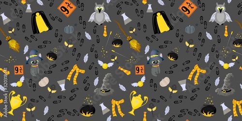 Seamless pattern. Magical items. Mantle of invisibility, talking hat and magic wand. Cauldron for magic potion, a broom for flights. Witchcraft and magic. Fantasy world