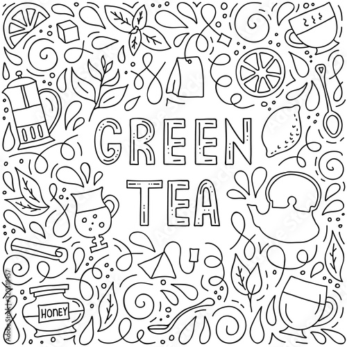 Green tea. Banner with lettering, tea party symbols and attributes. Vector hand-drawn illustration in outline style with decorative elements. Template for menu or packaging in doodle style.