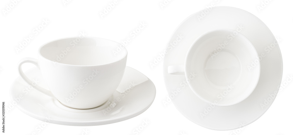 Empty coffee Cup with a plate, front and top view on a white background. Empty coffee Cup with a plate, front and top view on a white background.