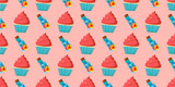 Children's seamless pattern for girls. Alice in wonderland cakes and cupcakes. Magic potion. Pink background..