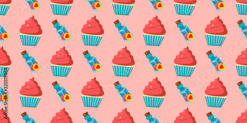 Children's seamless pattern for girls. Alice in wonderland cakes and cupcakes. Magic potion. Pink background..