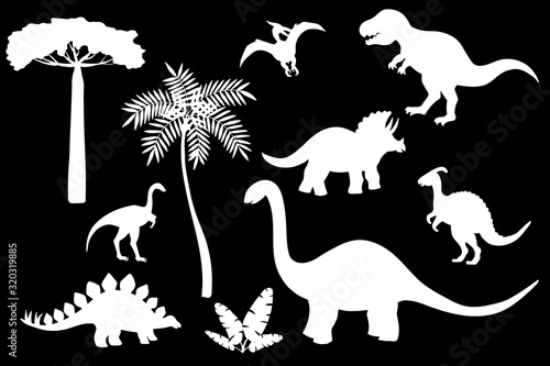Vector set of dinosaur silhouettes, white stencil on a black background