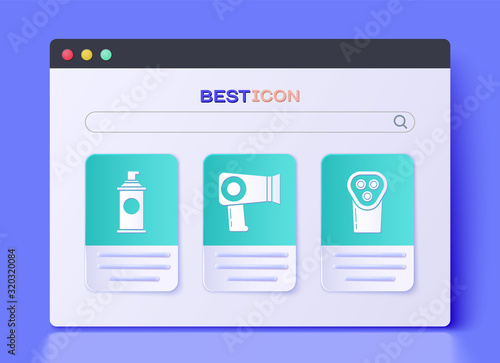 Set Hair dryer, Shaving gel foam and Electrical hair clipper or shaver icon. Vector