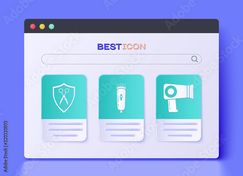 Set Electrical hair clipper or shaver, Scissors hairdresser and shield and Hair dryer icon. Vector
