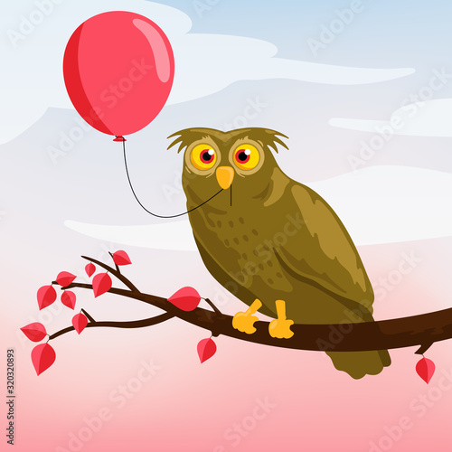 vector illustration of an owl sitting on a branch holding a red balloon