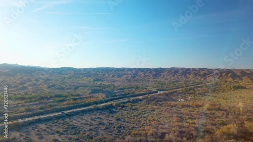 Aerial view of road winding through the Sonora desert near Yuma Arizona