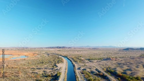 Wide angle aerial view of Gila Irrigation Canal and upland marsh of Mittry Lake - Yuma Arizona