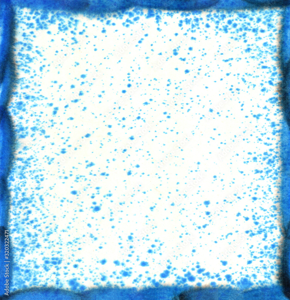  Ink splatter texture background. Square frame. Blue drops on a white background.Stains, blots, strokes. background, spot, isolated, stain, design, graphic, art, grunge, texture, ink, black, abstract.