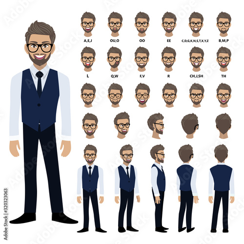 Cartoon character with business man in smart shirt and waistcoat for animation. Front, side, back, 3-4 view character. Separate parts of body. Flat vector illustration.