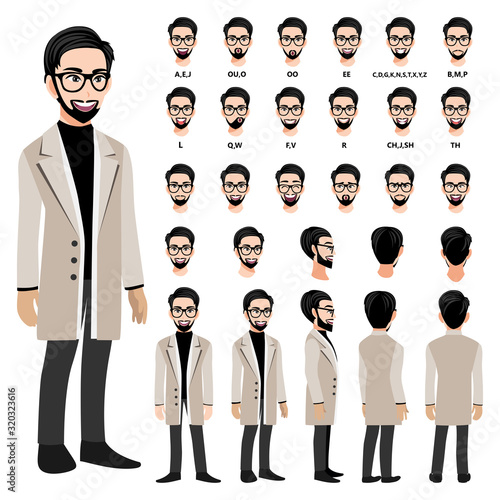 Cartoon character with business man in a long coat for animation. Front, side, back, 3-4 view character. Separate parts of body. Flat vector illustration.