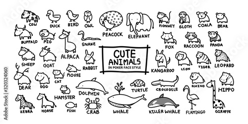 Cute animals in poker face vector illustration in hand-drawn black outline style.