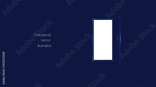 Opened door. Dark blue background. Conceptual vector illustration.