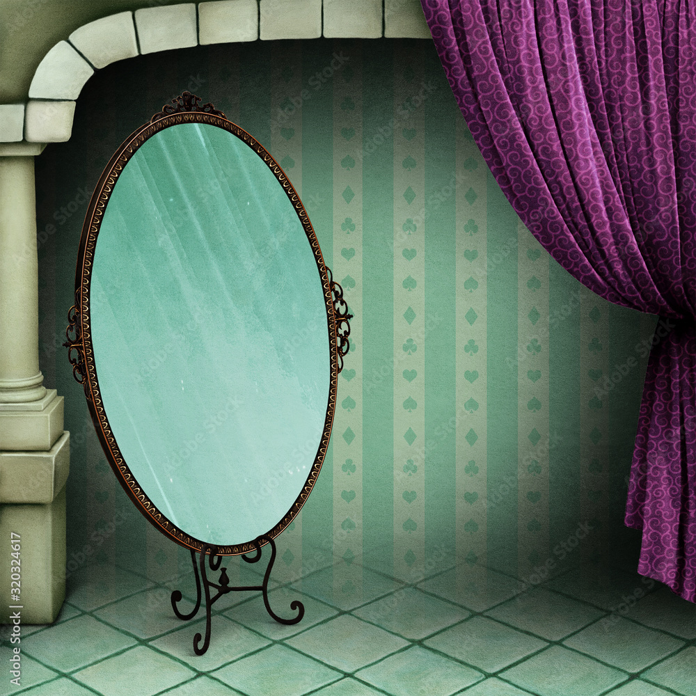 Fantasy, fairy tale, vintage background in room with curtain and mirror.  Stock Illustration | Adobe Stock