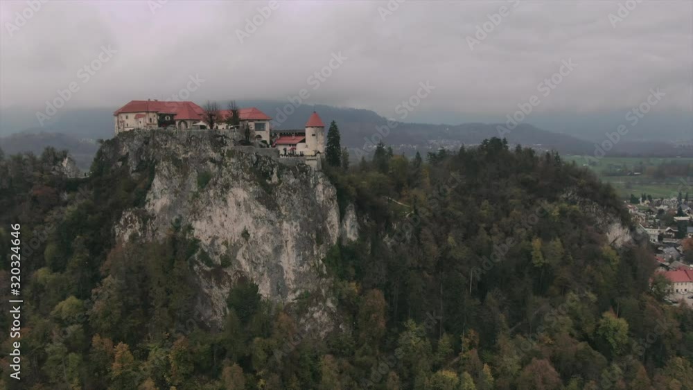 A tracking drone shot of Bled Castle in Slovenia A tracking drone shot of Bled Castle in Slovenia