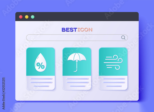 Set Classic elegant opened umbrella, Water drop percentage and Wind icon. Vector