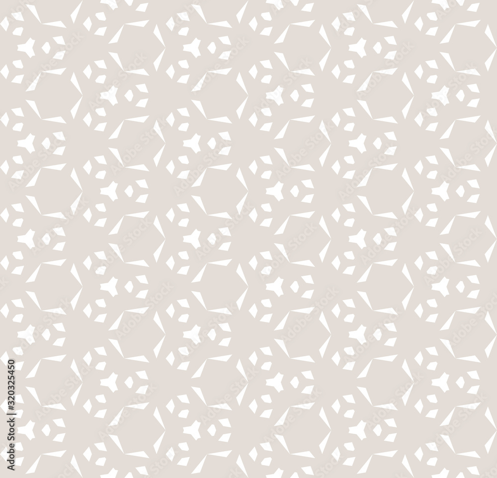Subtle vector geometric seamless pattern with small diamond shapes, triangles, hexagonal grid, lattice. Elegant abstract ornament texture. White and beige background. Repeat design for decor, curtains