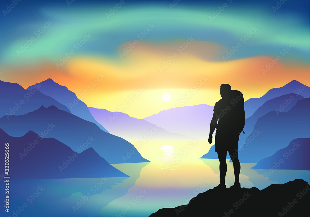 Hiker with backpack on a cliff enjoy the sunrise with majestic colorful clouds above the mountain lake. Vector illustration, EPS 10. Hiker with backpack on a cliff enjoy the sunrise with majestic colorful clouds above the mountain lake. Vector illustration, EPS 10.