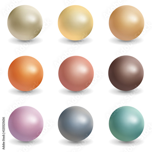 Realistic set of frosted pearls Isolated on a white background. Vector illustration of 3D sphere with highlights of natural oyster pearls. Beautiful gems.