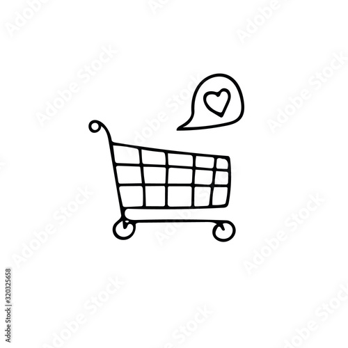 shopping cart with heart hand drawn in doodle style