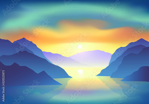 Sunrise with majestic colorful clouds above the mountain lake. Vector illustration  EPS 10.