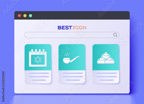 Set Smoking pipe with smoke, Jewish calendar with star of david and Jewish sweet bakery icon. Vector