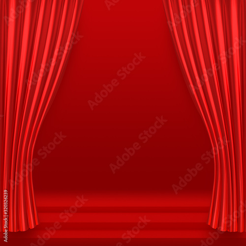 Background with 3D illustration luxury red silk velvet curtains.