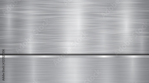 Background in silver and gray colors, consisting of a shiny metallic surface and one horizontal polished plate located below, with a metal texture, glares and burnished edges