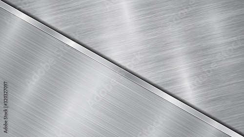 Background in silver and gray colors  consisting of a shiny metallic surface and one big polished plate located in diagonal  with a metal texture  glares and burnished edge