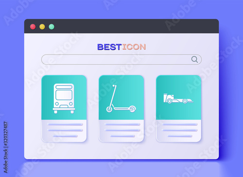 Set Scooter, Bus and Formula race car icon. Vector