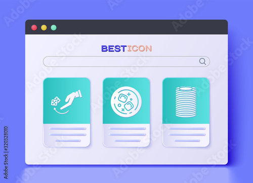 Set Glass of whiskey and ice cubes, Human hand throwing game dice and Casino chips icon. Vector