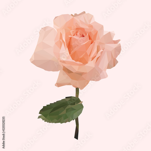 geometric polygonal orange rose with stalk, isolated polygon vector flower illustration