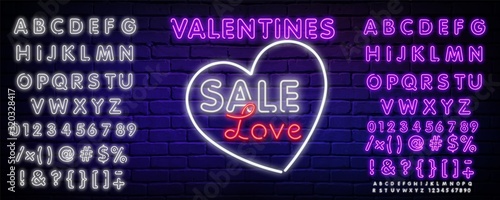 Neon banner with Valentine's Day with neon font. neon alphabet Valentine lamp romance heart shape. Color vector tag with the inscription light glow poster. Night club neon lamp brick wall