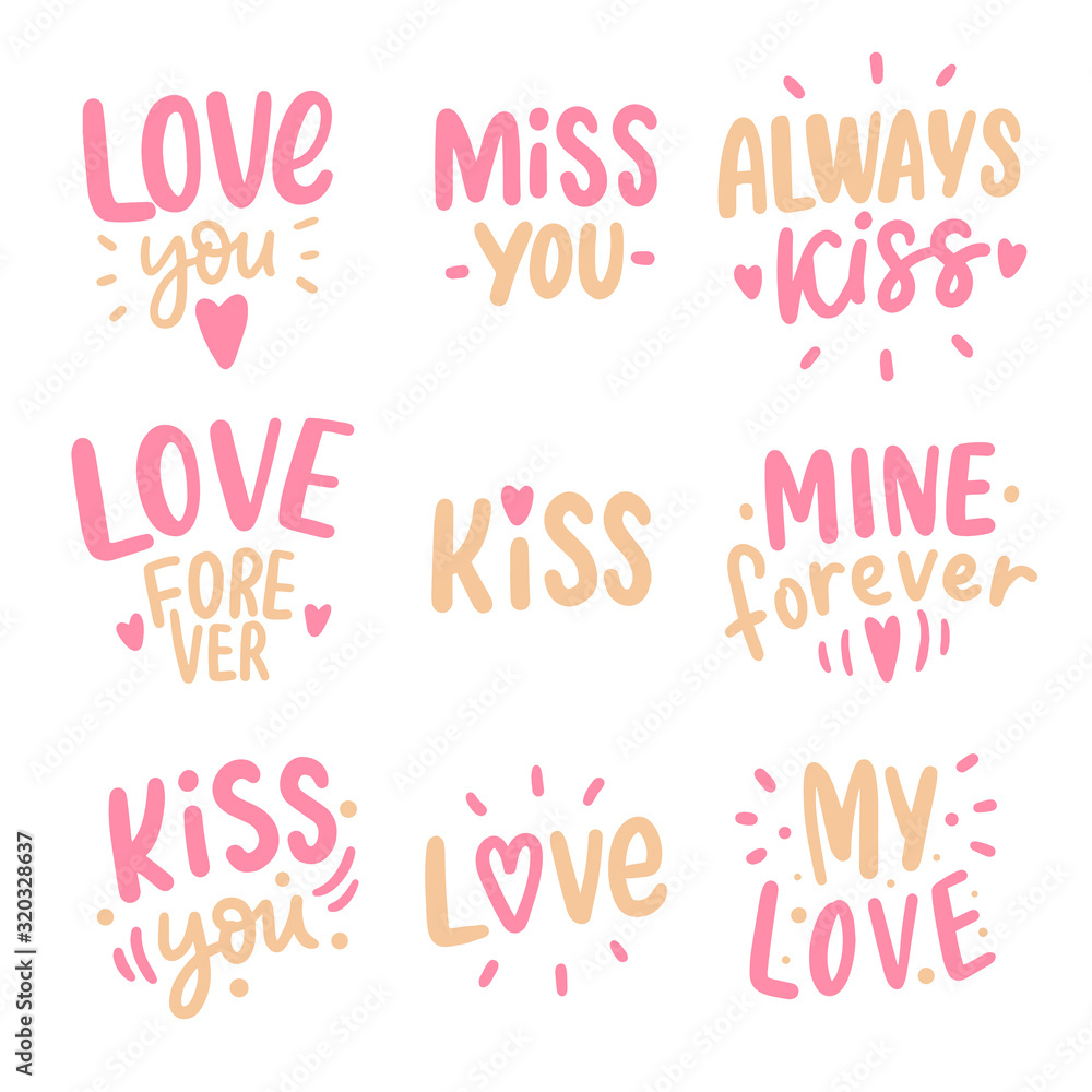 Obraz premium Set of love lettering stickers. Modern hand drawn typographic feeling words.