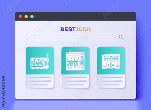 Set Online slot machine with lucky sevens jackpot, Slot machine and Online poker table game icon. Vector