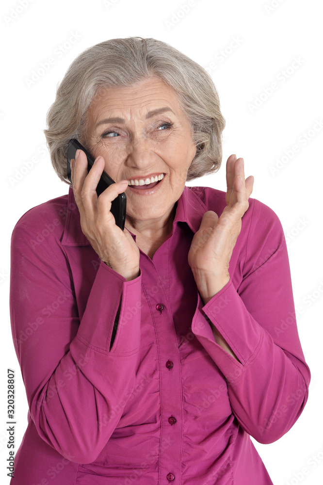 Emotional senior woman posing isolated on white background