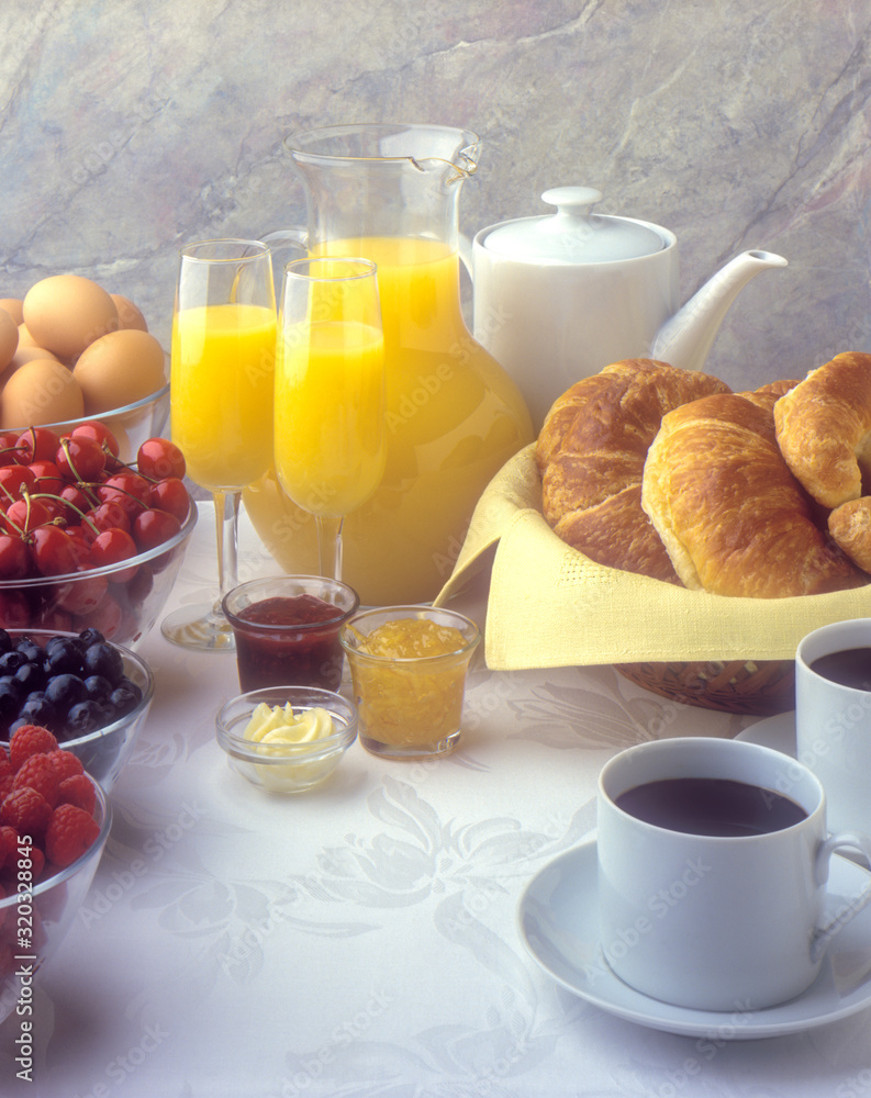 Brunch Ingredients, jam, marmalade, coffee, croissant, eggs, cherries, blueberries, raspberries, butter, orange juice Brunch Ingredients, jam, marmalade, coffee, croissant, eggs, cherries, blueberries, raspberries, butter, orange juice