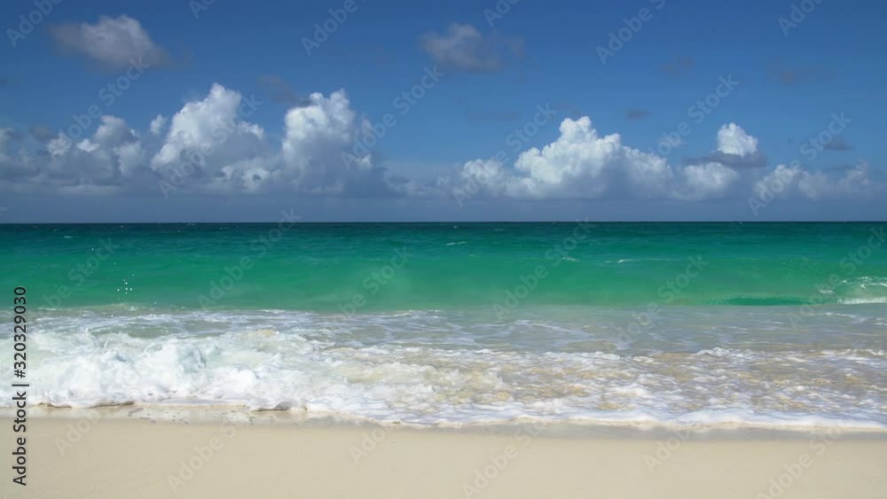 Beach Background. Turquoise Sea With Foamy Waves, White Soft Sand. Bahamas Beach Background. Turquoise Sea With Foamy Waves, White Soft Sand. Bahamas